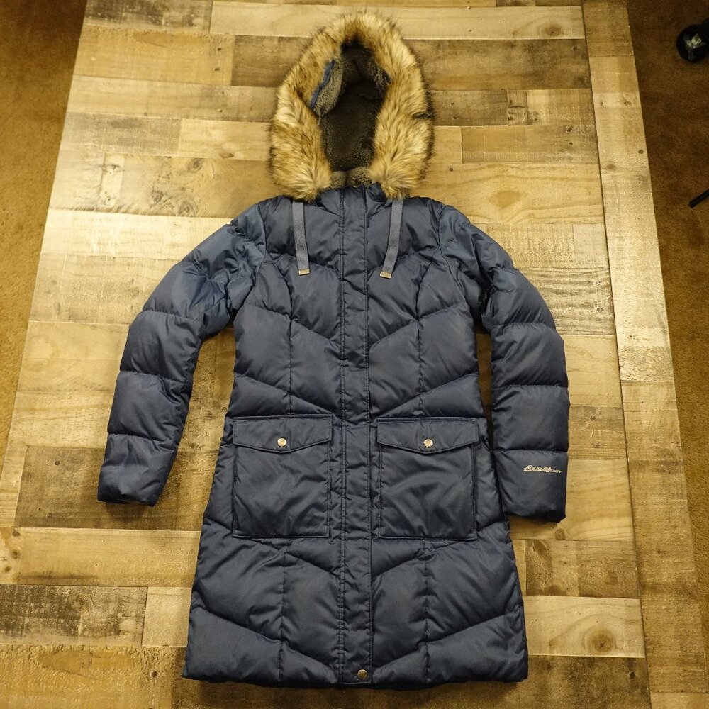 Eddie Bauer‎ Down Parka Women’s Small Navy Faux Fur Hooded Winter Coat